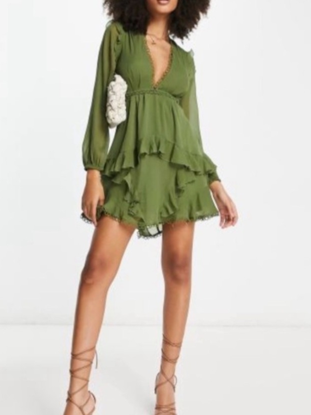 Olive Green Ruffled V-Neck Mini Dress